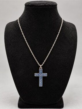 Silver Tone Blue Enamel Cross Pendant Necklace Religious Christian Jewelry